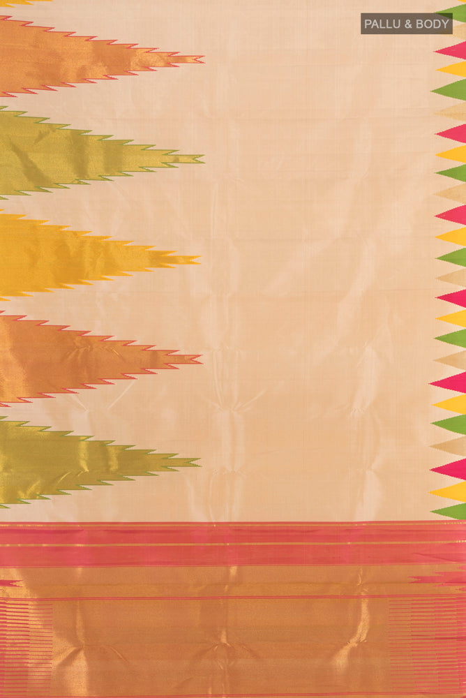 Flat view of Cream Kanjivaram Silk Saree with Zari Butta on the body and Silk Border. 