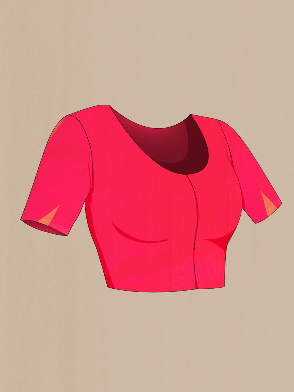 Close up image of the blouse of Pure Silk Pure Zari Rani Pink Kanjivaram Saree with Plain Body and Temple Border. 