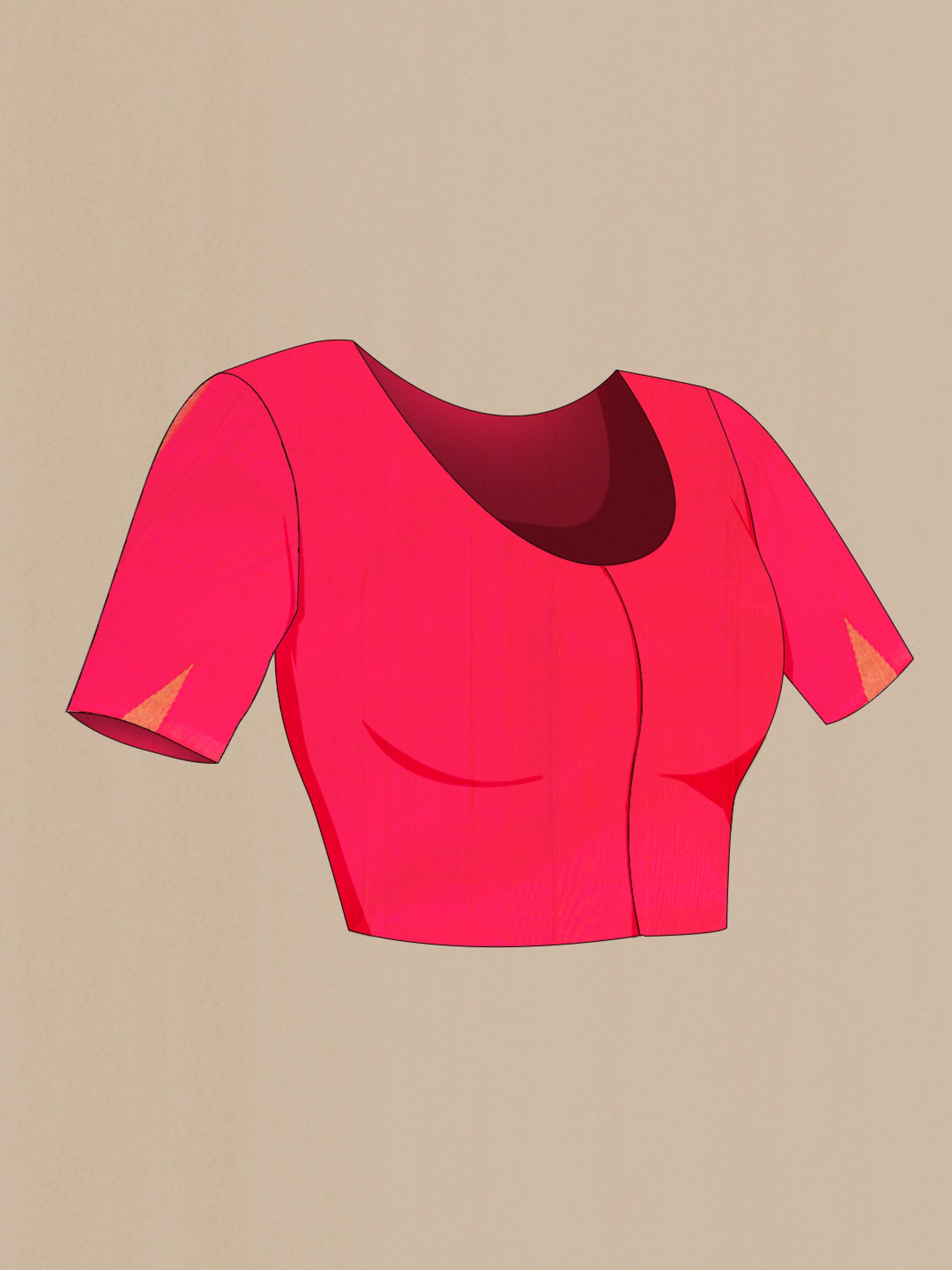 Close up image of the blouse of Pure Silk Pure Zari Rani Pink Kanjivaram Saree with Plain Body and Temple Border. 