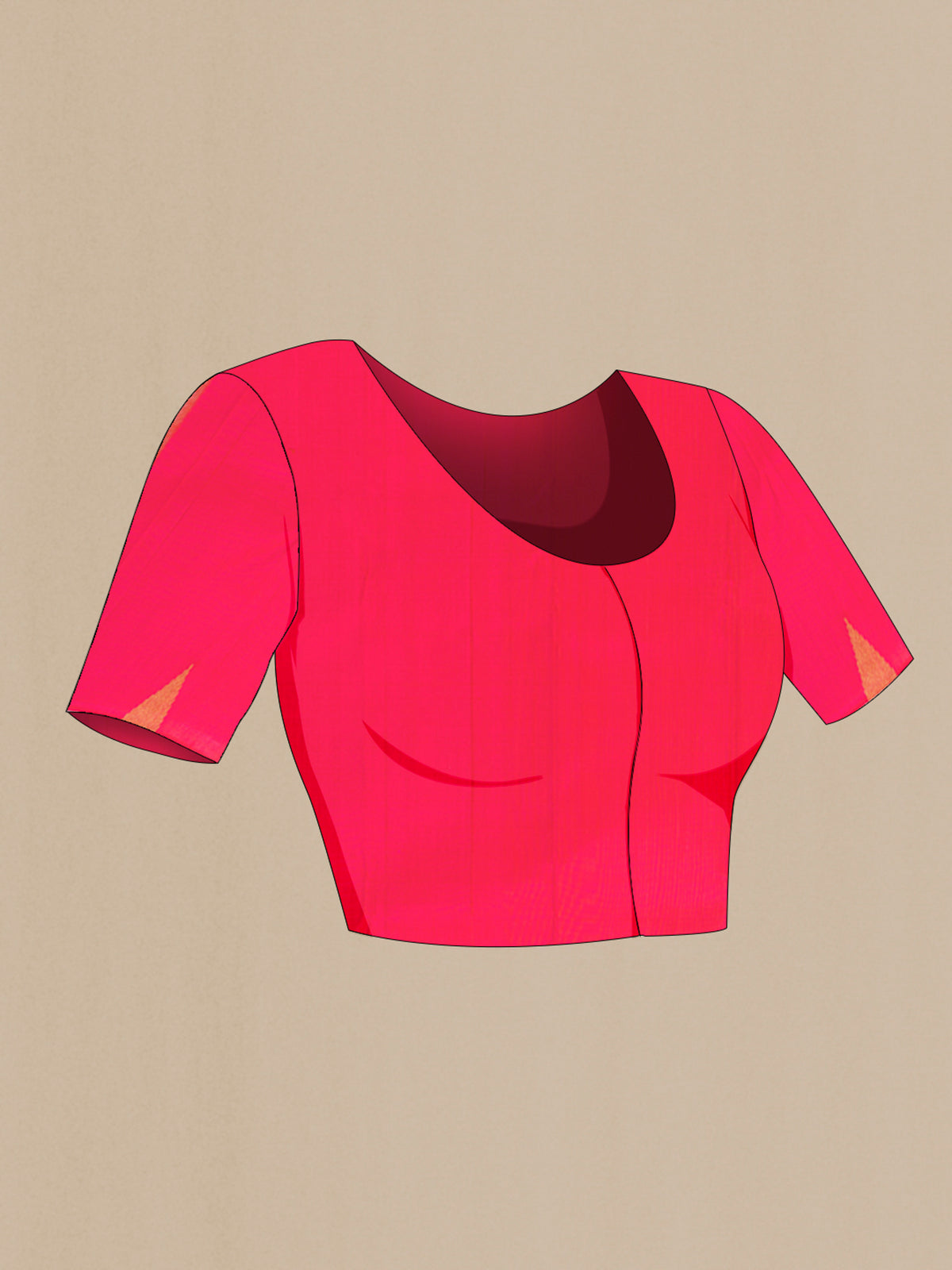 Close up image of the blouse of Pure Silk Pure Zari Rani Pink Kanjivaram Saree with Plain Body and Temple Border. 