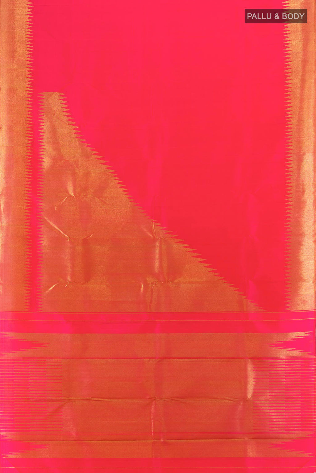 Flat view of Pure Silk Pure Zari Rani Pink Kanjivaram Saree with Plain Body and Temple Border. 