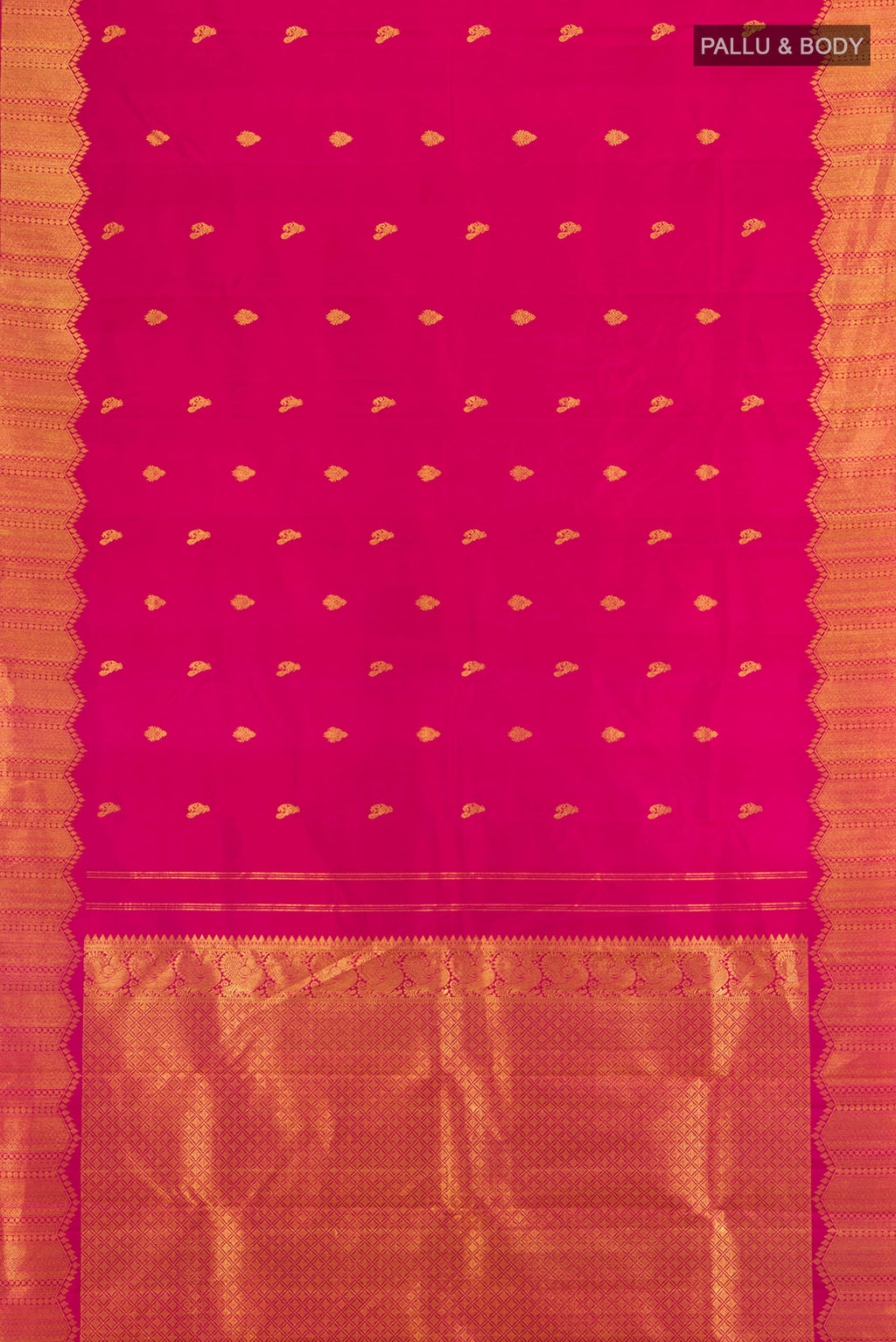 Flat view of Pure Silk Pure Zari Dark Pink Kanjivaram Saree with Zari Butta on the body and Silk Border. 