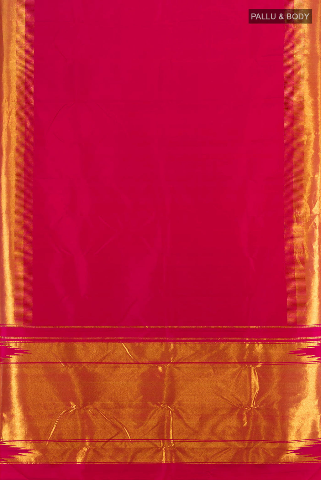 Flat view of Pink Kanjivaram Silk Saree with Plain Body and Zari Border. 
