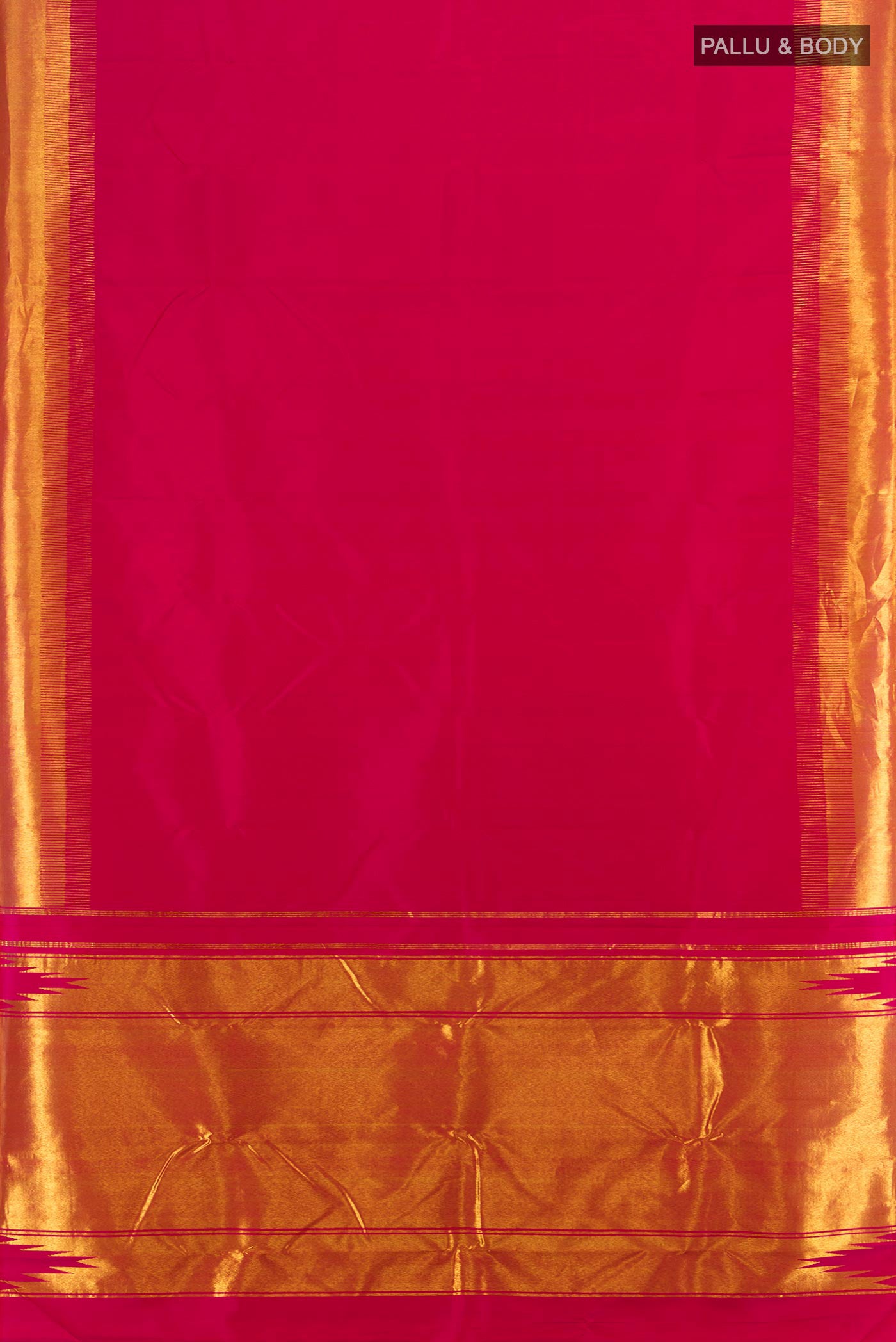 Flat view of Pink Kanjivaram Silk Saree with Plain Body and Zari Border. 