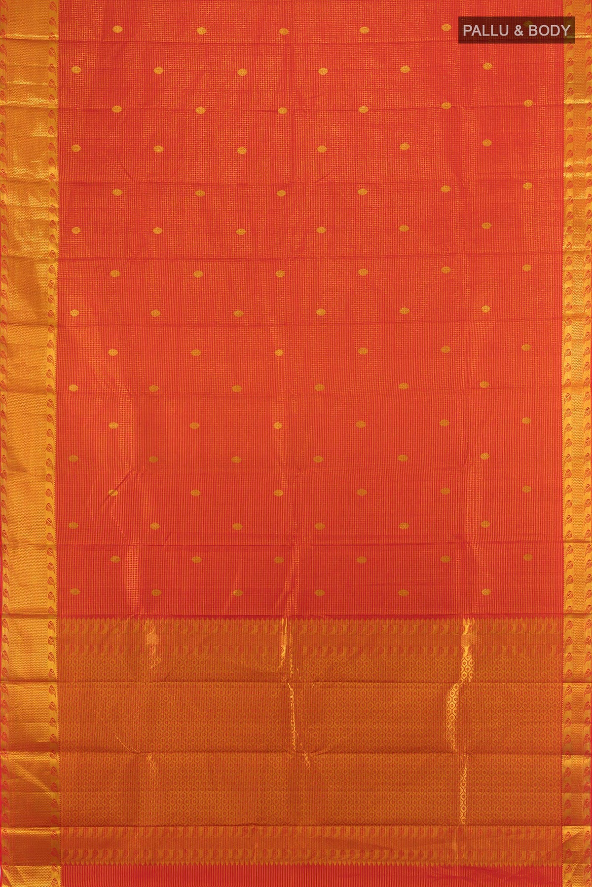 Flat view of Pure Silk Brick Orange Kanjivaram Saree with Checked design on the body and Zari Border. 