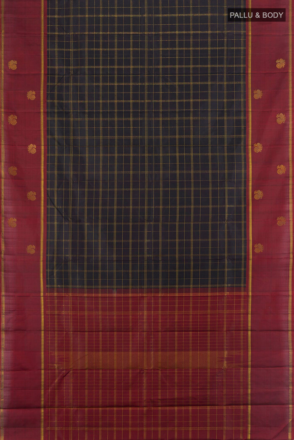 Flat view of Black Kanchipuram Silk Saree with Checked design on the body and Zari Border. 