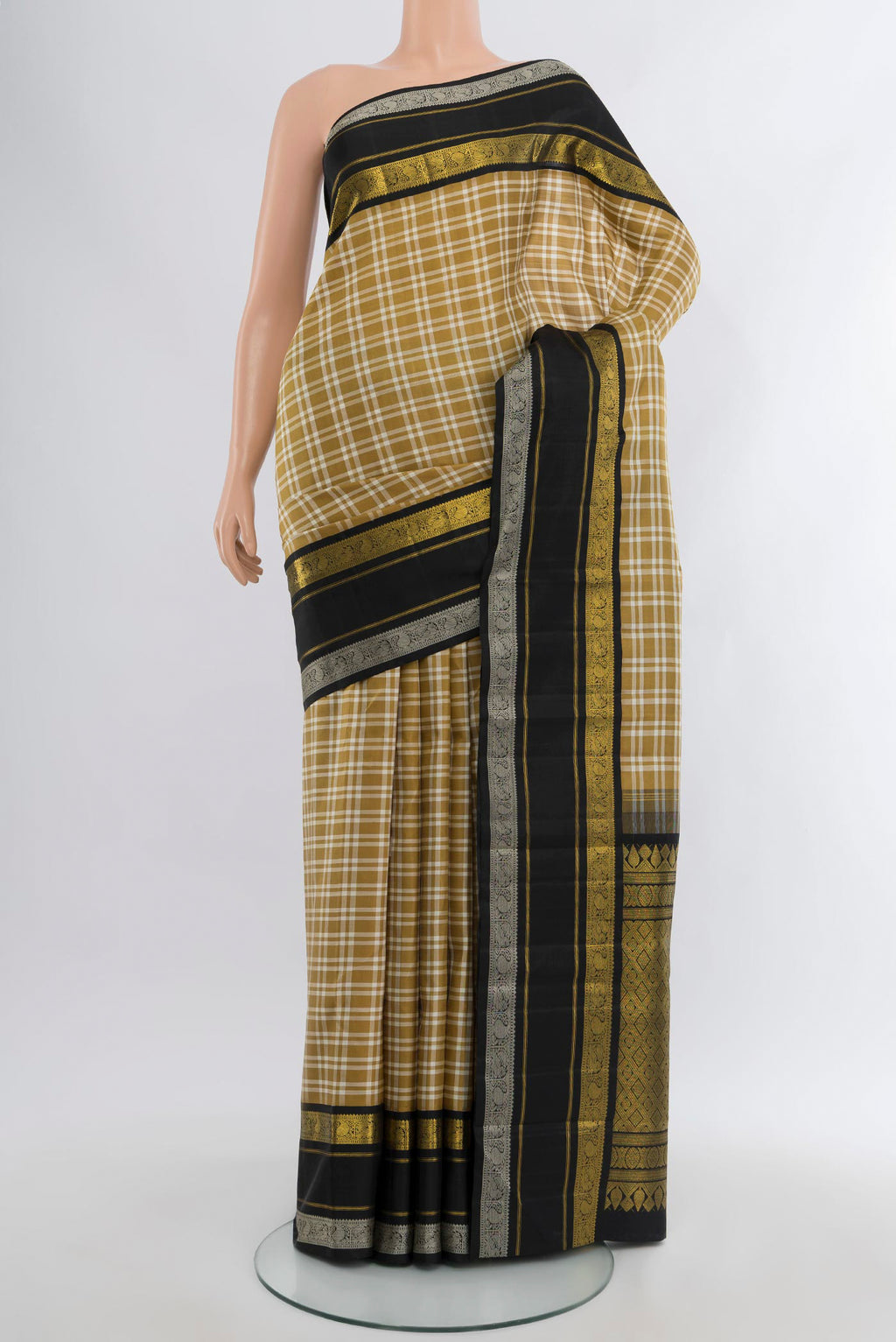 Pure Silk Pure Zari Multi Color Kanchipuram Saree with Checked design on the body and Plain Border.  displayed on a mannequin