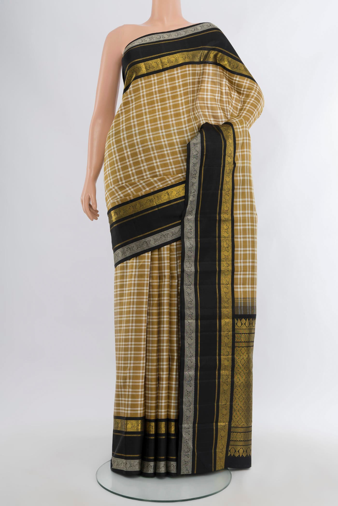 Pure Silk Pure Zari Multi Color Kanchipuram Saree with Checked design on the body and Plain Border.  displayed on a mannequin