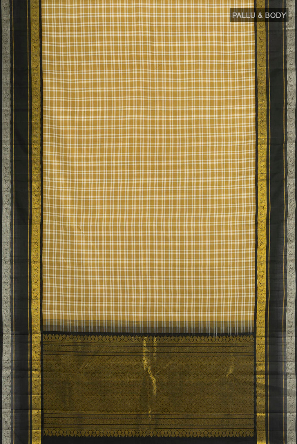 Flat view of Pure Silk Pure Zari Multi Color Kanchipuram Saree with Checked design on the body and Plain Border. 