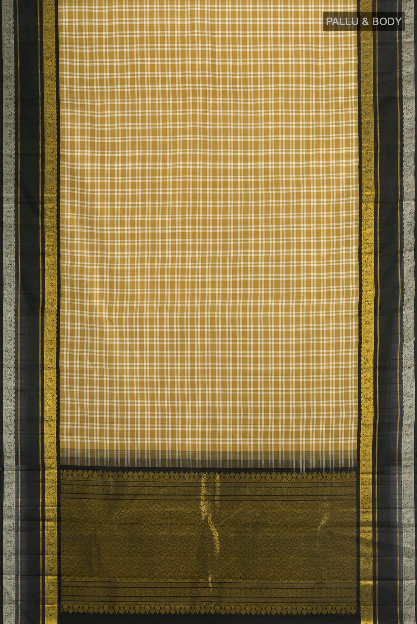 Flat view of Pure Silk Pure Zari Multi Color Kanchipuram Saree with Checked design on the body and Plain Border. 