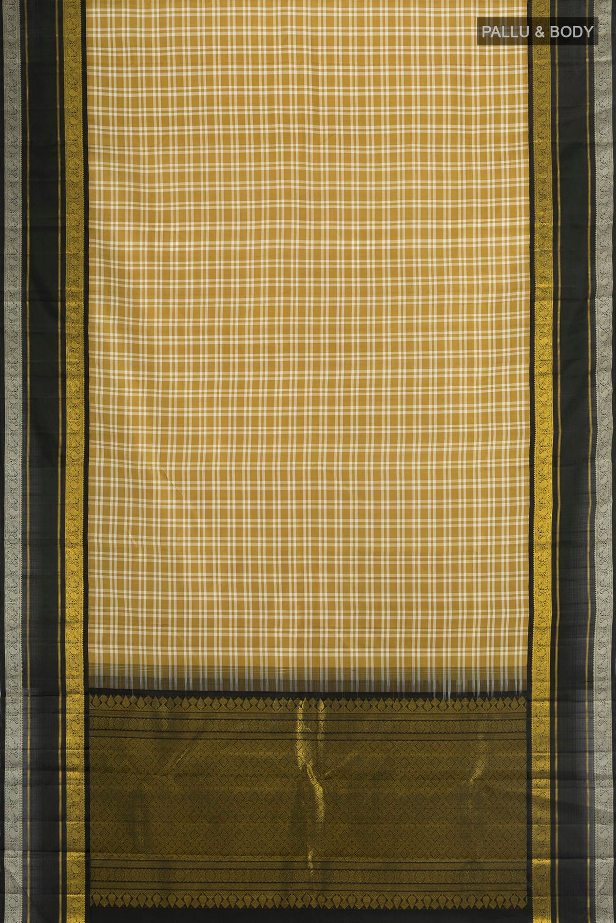 Flat view of Pure Silk Pure Zari Multi Color Kanchipuram Saree with Checked design on the body and Plain Border. 