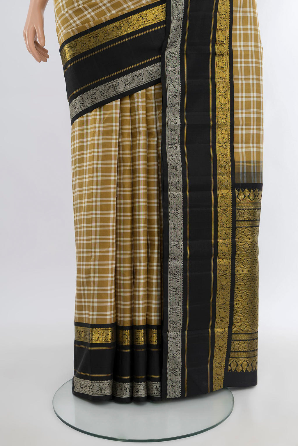 Pleats and pallu of Pure Silk Pure Zari Multi Color Kanchipuram Saree with Checked design on the body and Plain Border. 