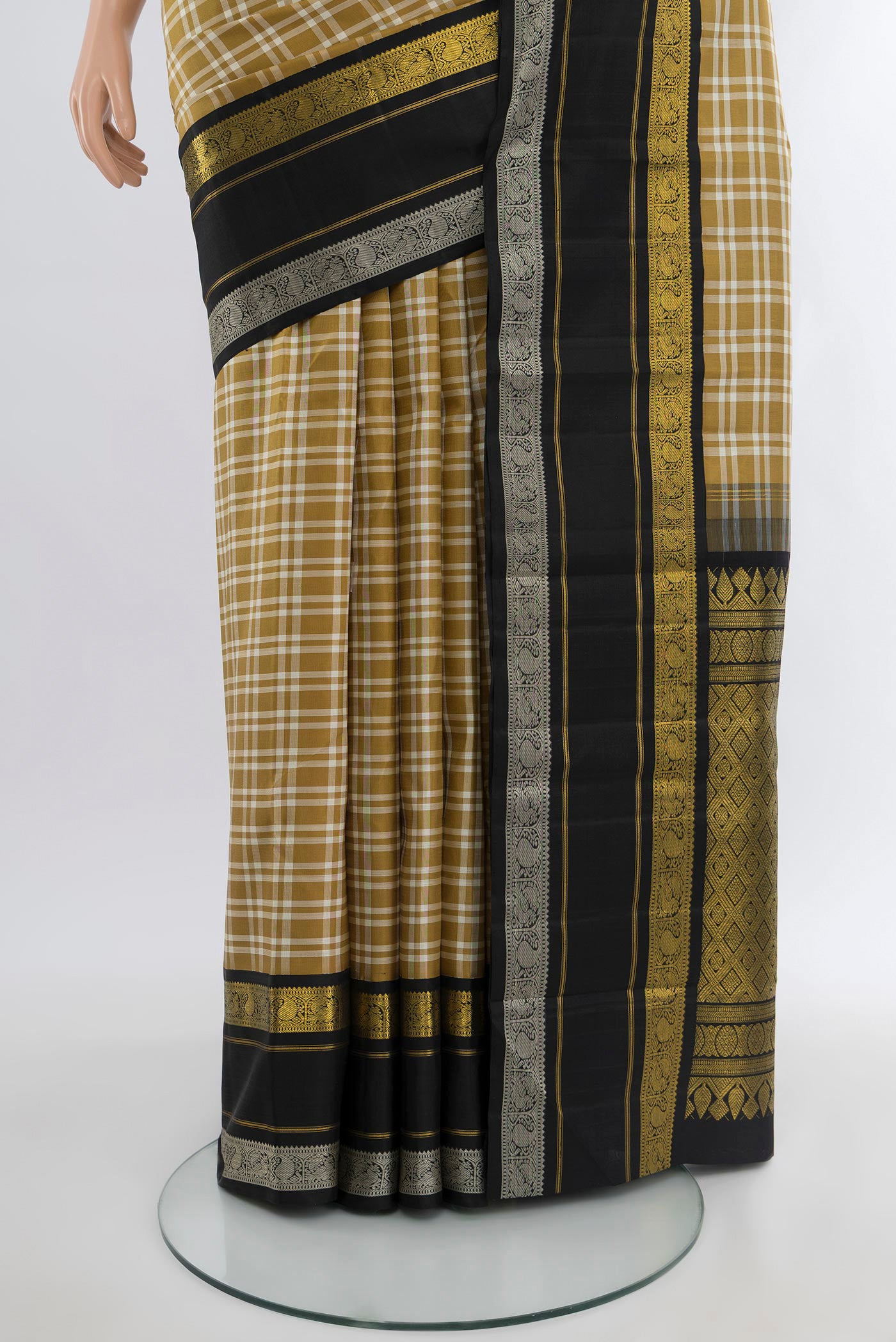 Pleats and pallu of Pure Silk Pure Zari Multi Color Kanchipuram Saree with Checked design on the body and Plain Border. 
