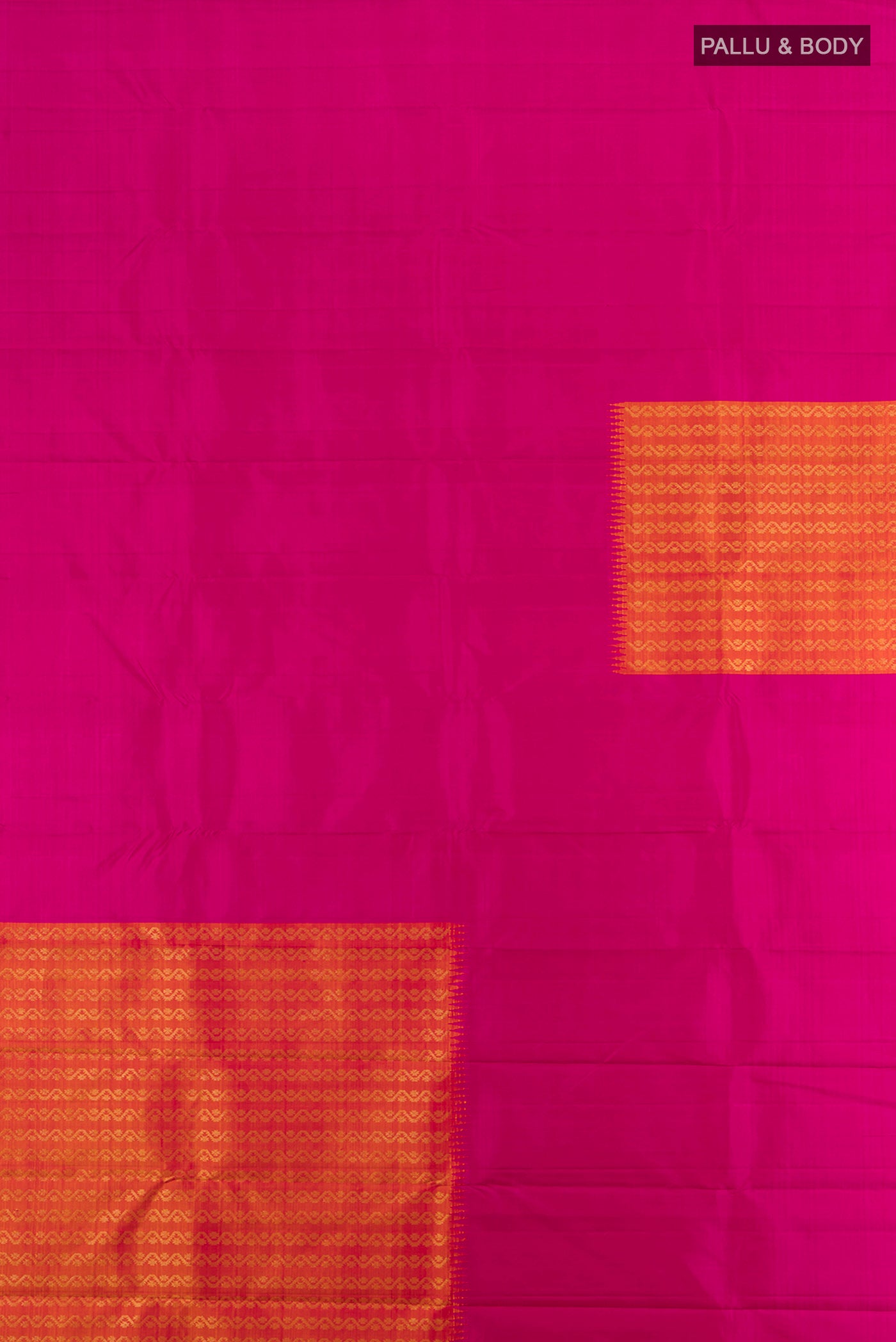 Flat view of Magenta Kanchipuram Silk Saree with Plain Body and Without Border. 
