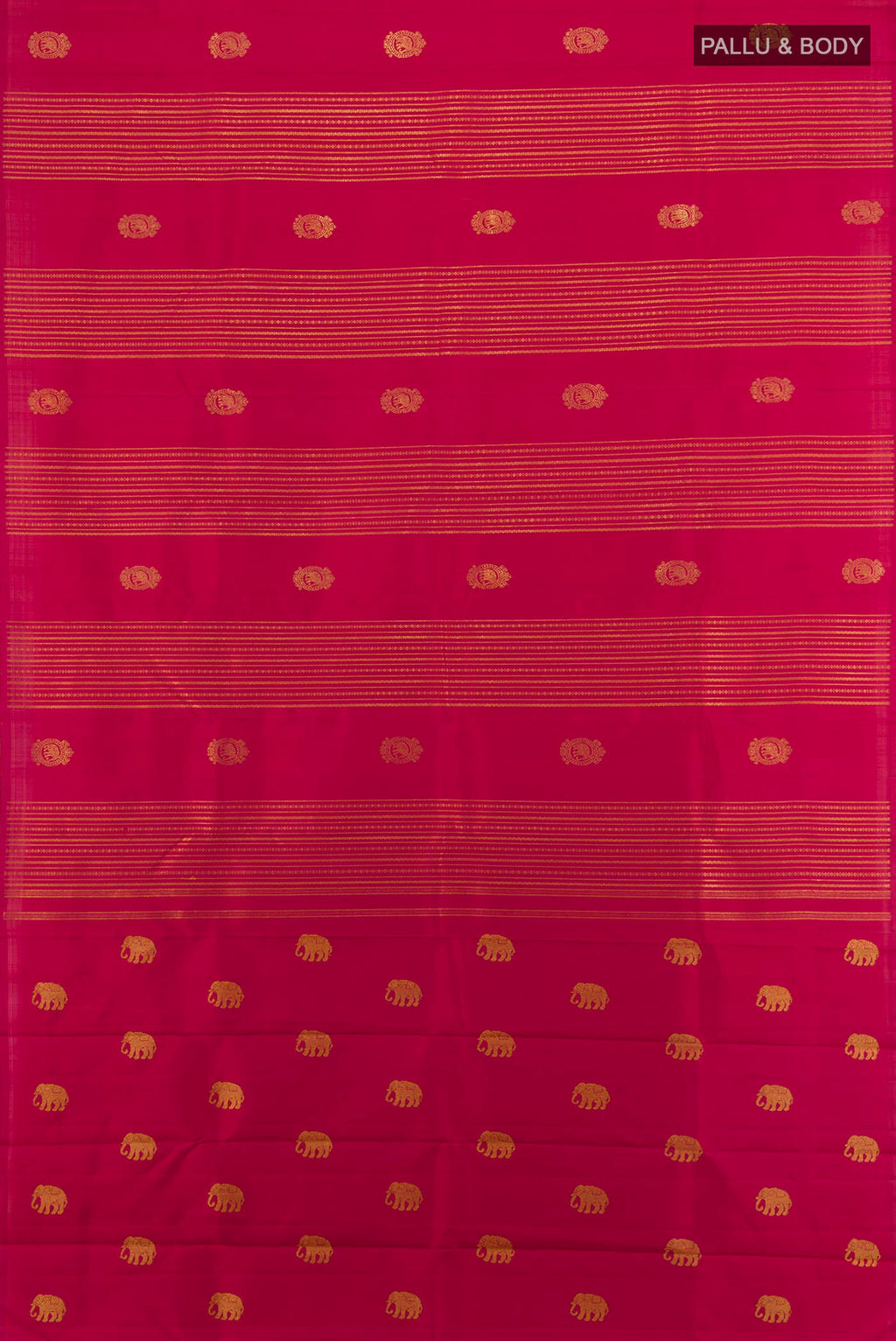 Flat view of Pure Silk Pure Zari Deep Red Kanchipuram Saree with Zari Butta on the body and Without Border. 