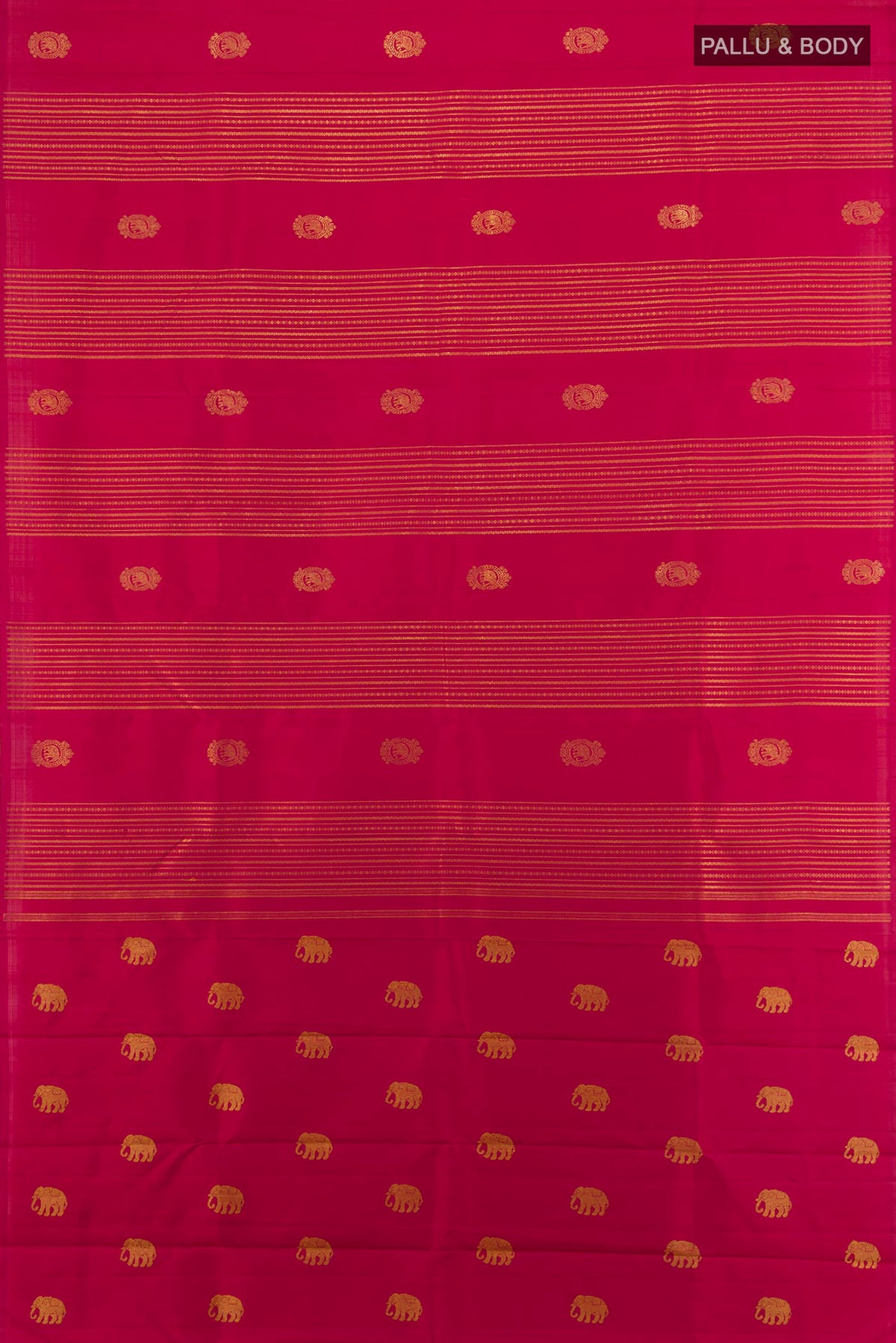 Flat view of Pure Silk Pure Zari Deep Red Kanchipuram Saree with Zari Butta on the body and Without Border. 