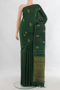 Pure Silk Pure Zari Bottle Green Kanchipuram Saree with Zari Butta on the body and Thin Zari Line.  displayed on a mannequin