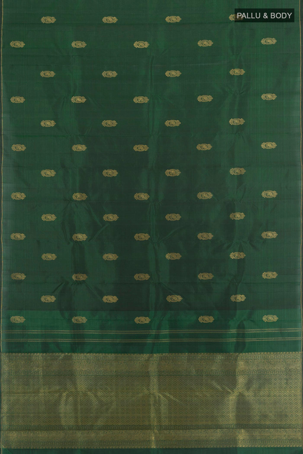 Flat view of Pure Silk Pure Zari Bottle Green Kanchipuram Saree with Zari Butta on the body and Thin Zari Line. 