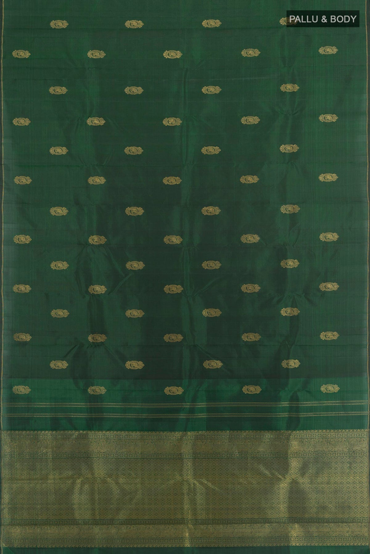 Flat view of Pure Silk Pure Zari Bottle Green Kanchipuram Saree with Zari Butta on the body and Thin Zari Line. 