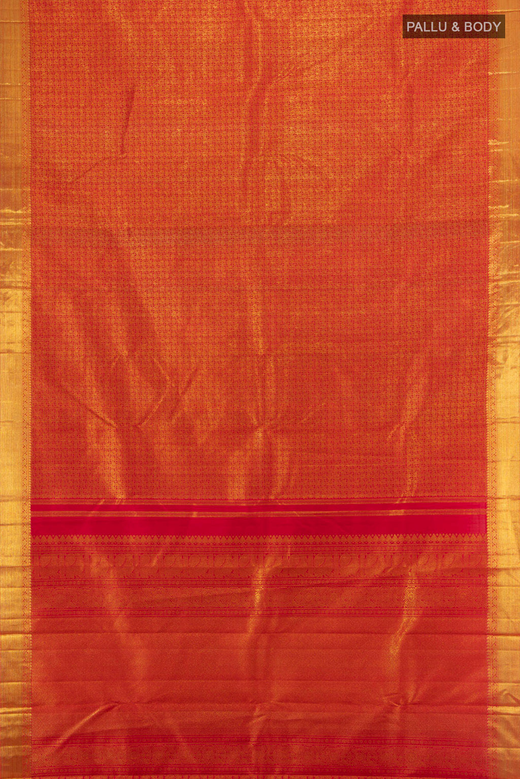 Flat view of Pure Silk Pure Zari Maroon Kanjivaram Saree with Zari Brocade on the body and Zari Border. 