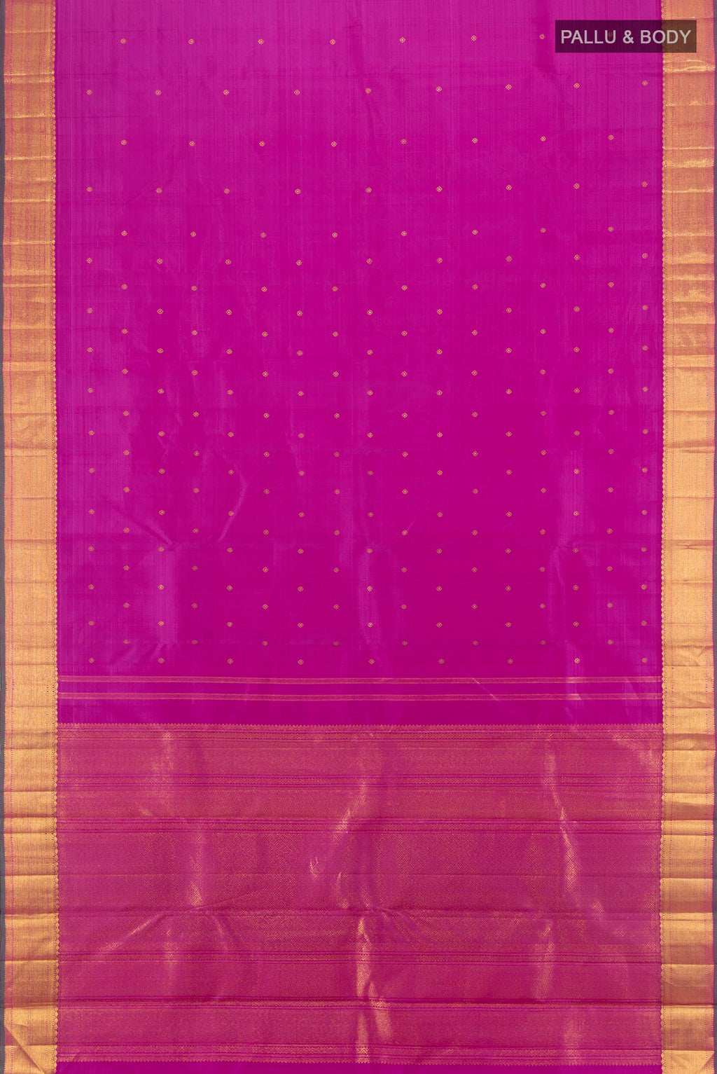 Flat view of Pure Silk Pure Zari Magenta Kanjivaram Saree with Zari Butta on the body and Zari Border. 