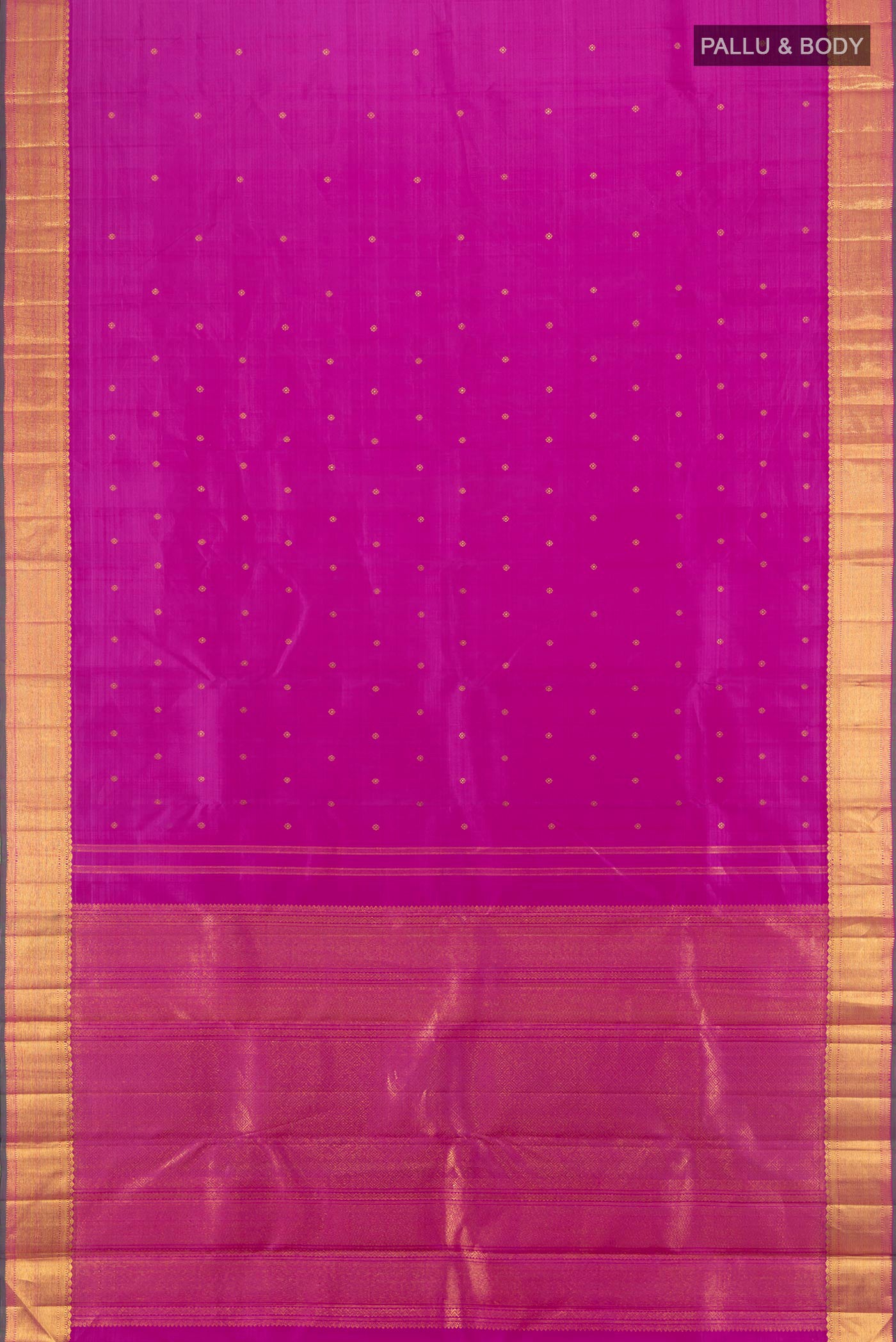 Flat view of Pure Silk Pure Zari Magenta Kanjivaram Saree with Zari Butta on the body and Zari Border. 