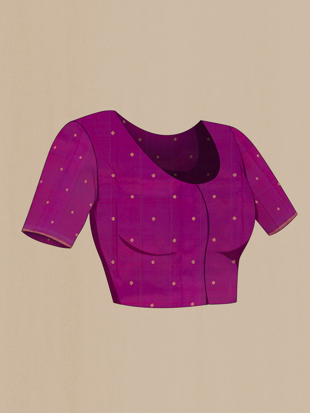 Close up image of the blouse of Pure Silk Pure Zari Magenta Kanjivaram Saree with Zari Butta on the body and Thin Zari Line. 