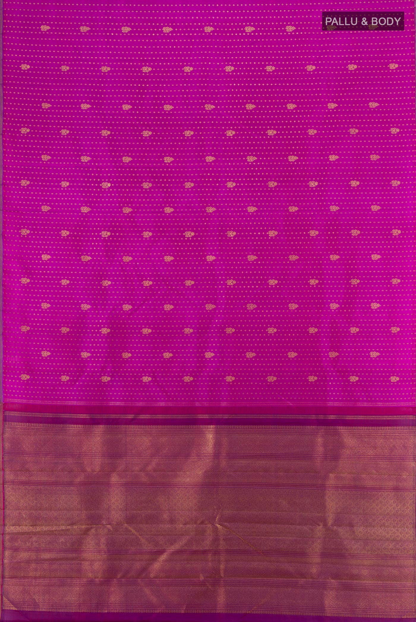 Flat view of Pure Silk Pure Zari Magenta Kanjivaram Saree with Zari Butta on the body and Thin Zari Line. 