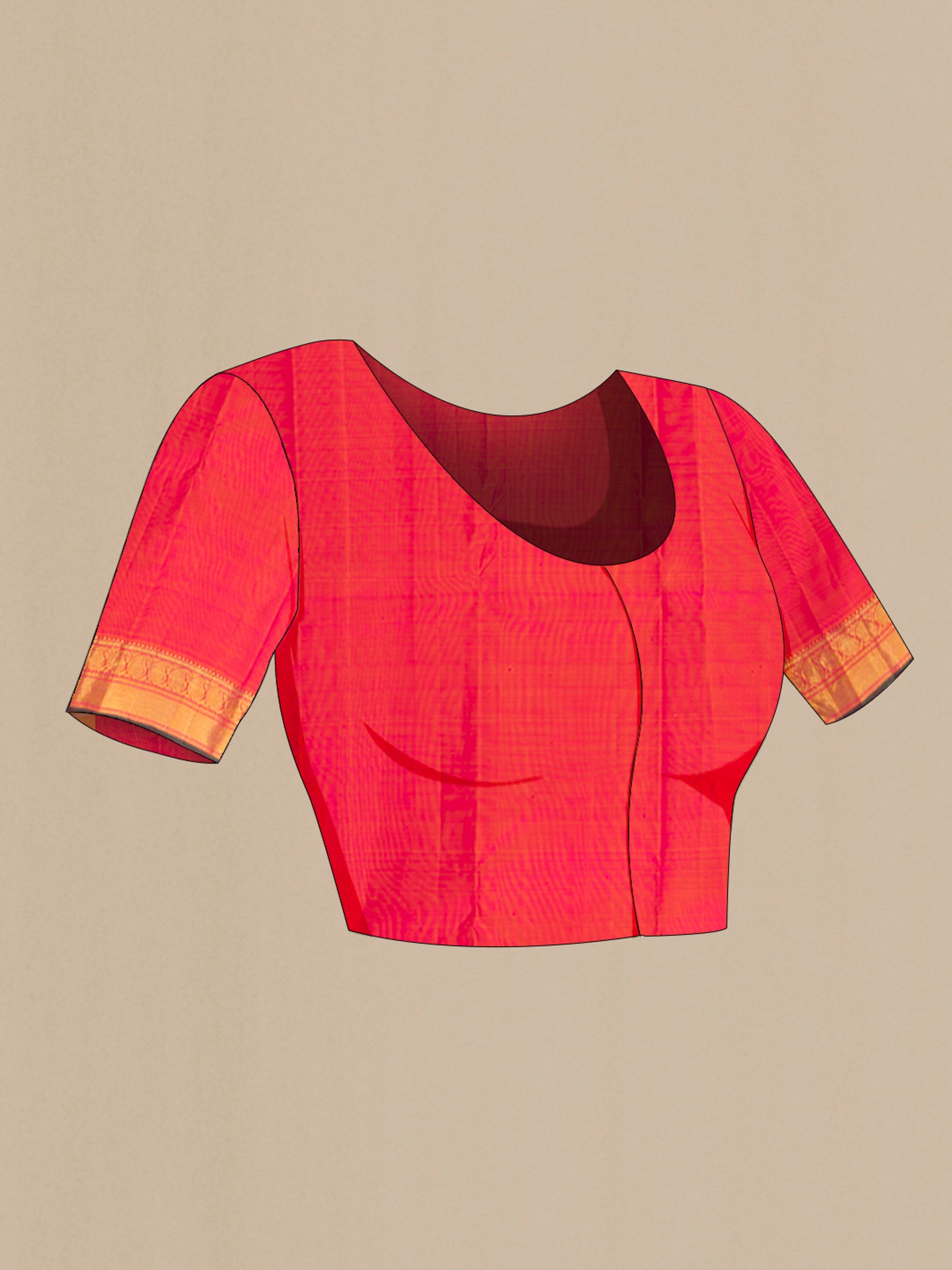 Close up image of the blouse of Pure Silk Pure Zari Pink Dual Tone Kanjivaram Saree with Zari Butta on the body and Zari Border. 