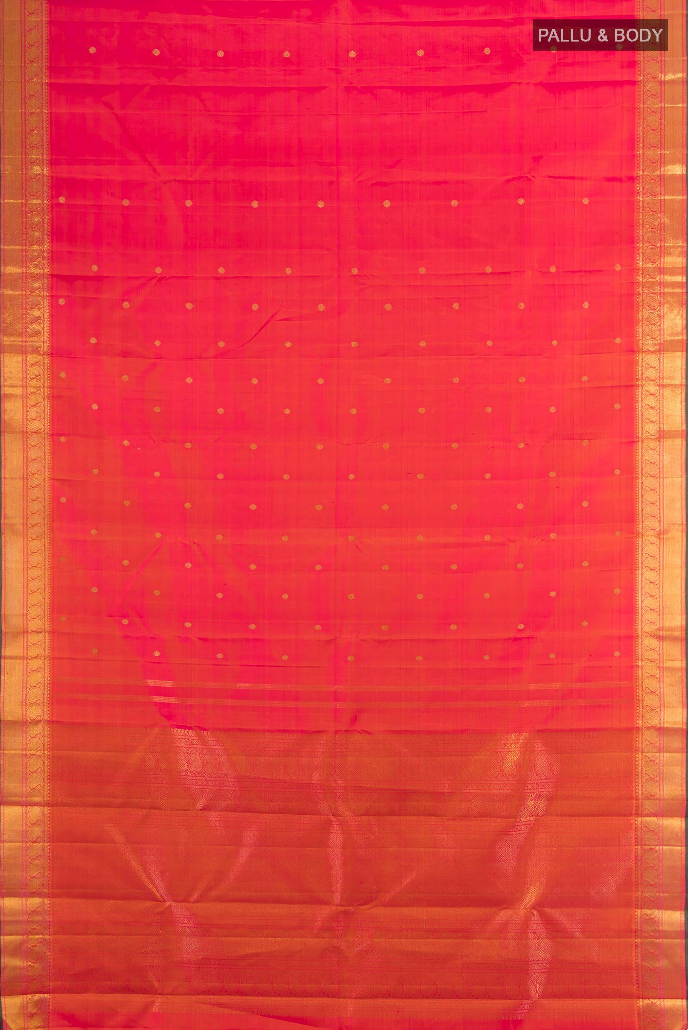 Flat view of Pure Silk Pure Zari Pink Dual Tone Kanjivaram Saree with Zari Butta on the body and Zari Border. 