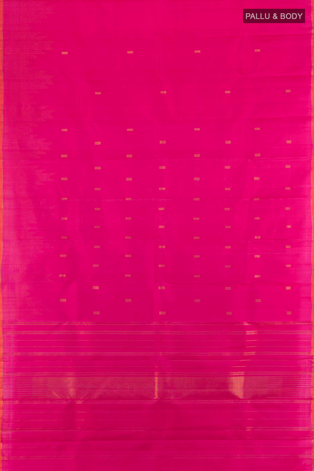 Flat view of Pure Silk Pure Zari Pink Kanchipuram Saree with Zari Butta on the body and Without Border. 