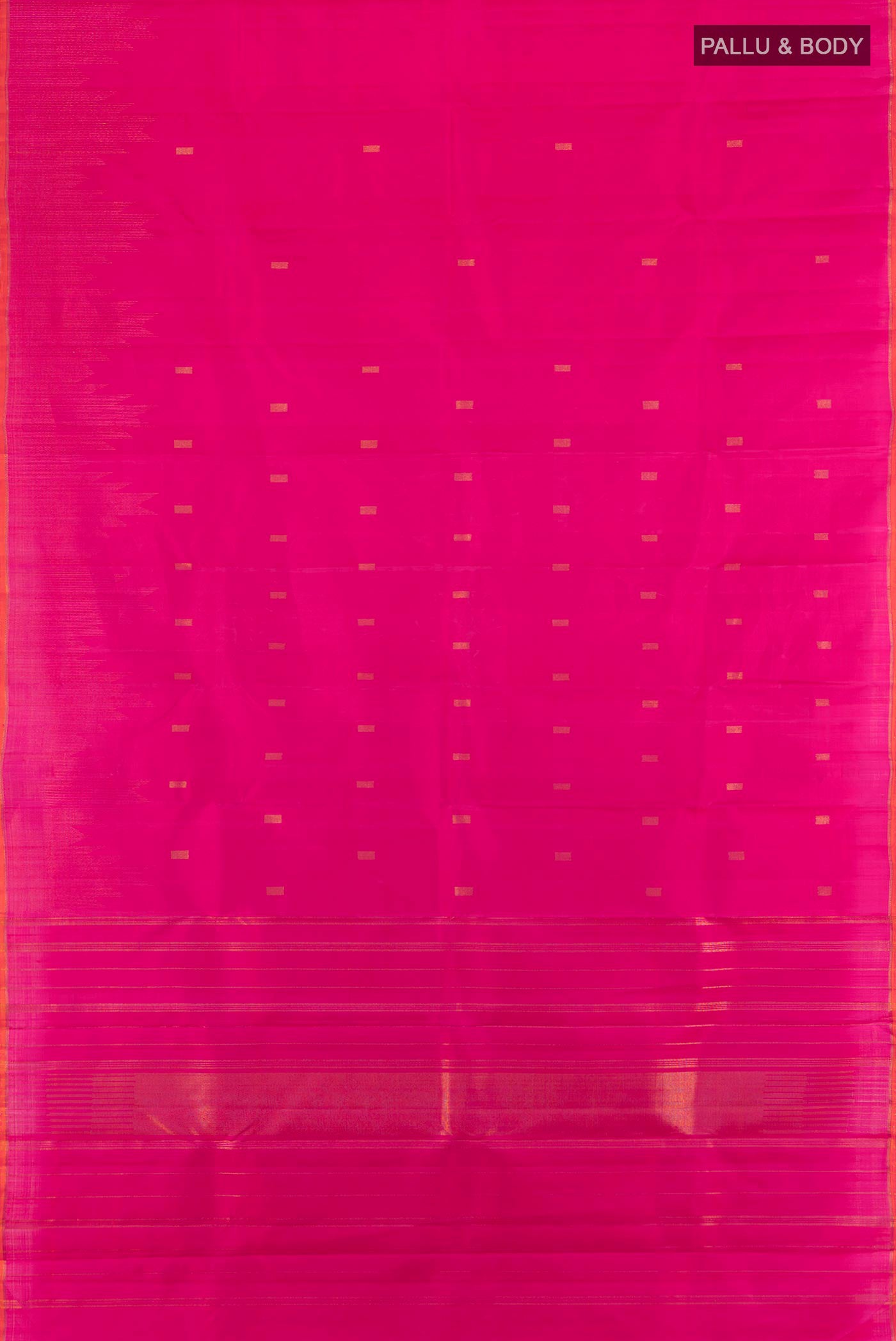 Flat view of Pure Silk Pure Zari Pink Kanchipuram Saree with Zari Butta on the body and Without Border. 