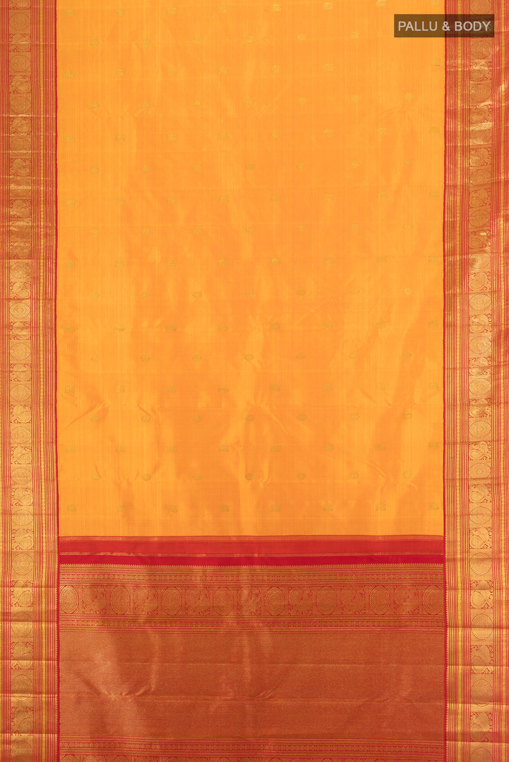 Flat view of Pure Silk Pure Zari Yellow Kanjivaram Saree with Zari Butta on the body and Zari Border. 