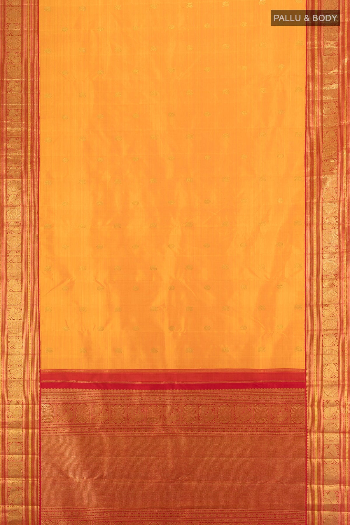 Flat view of Pure Silk Pure Zari Yellow Kanjivaram Saree with Zari Butta on the body and Zari Border. 