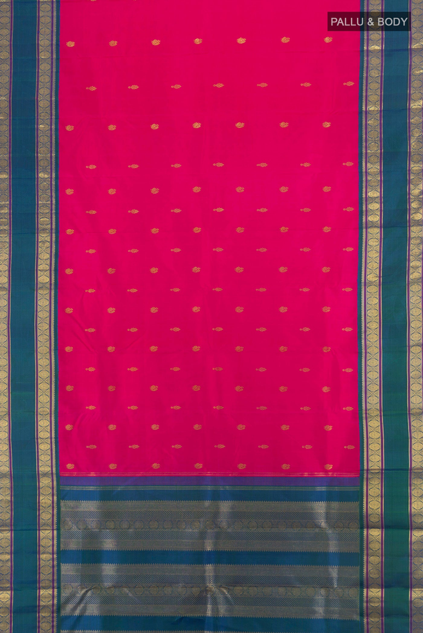 Flat view of Pure Silk Pure Zari Dark Pink Kanjivaram Saree with Zari Butta on the body and Zari Border. 