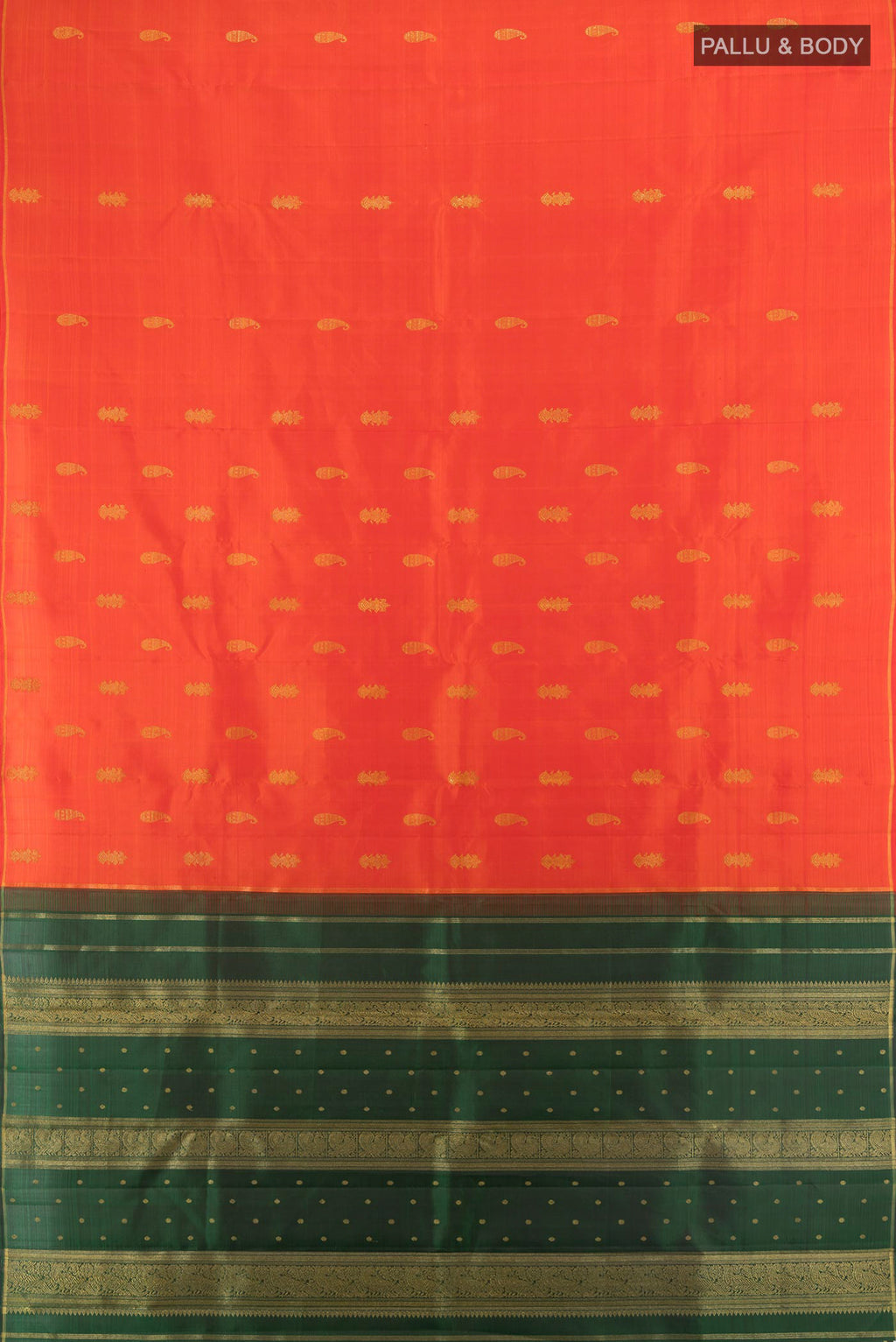 Flat view of Pure Silk Pure Zari Brick Orange Kanchipuram Saree with Zari Butta on the body and Thin Zari Line. 