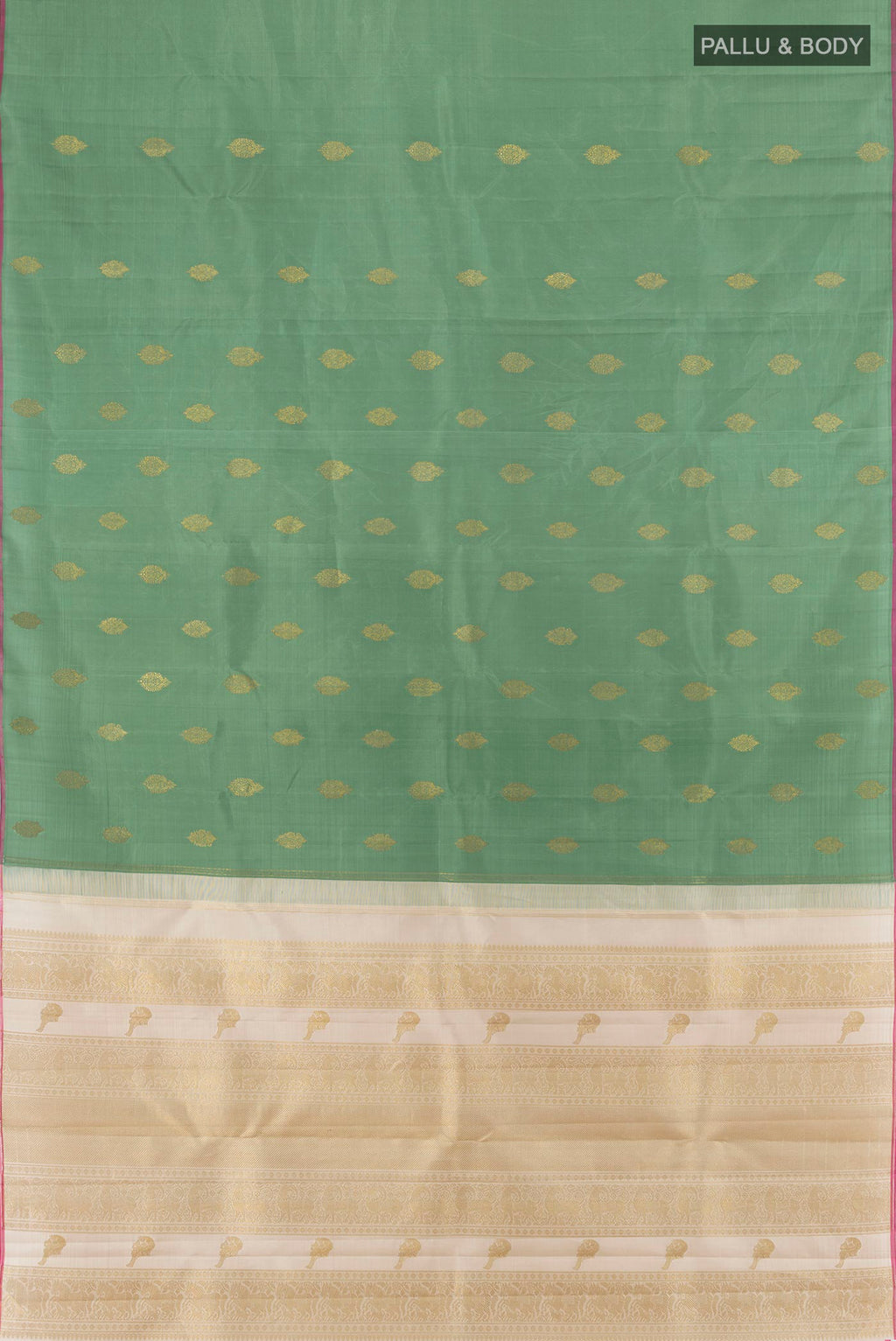 Flat view of Pure Silk Pure Zari Olive Green Kanchipuram Saree with Zari Butta on the body and Without Border. 