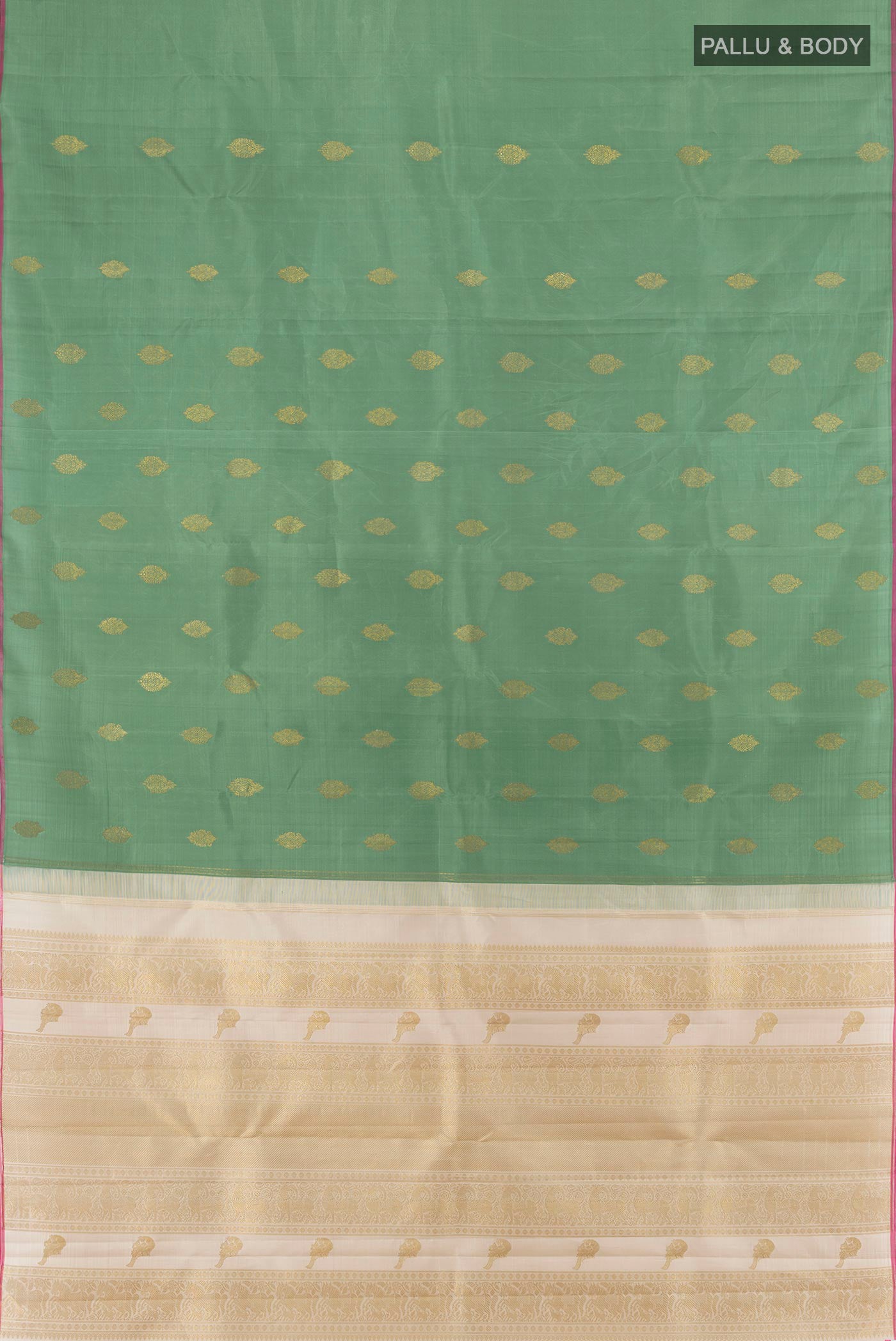 Flat view of Pure Silk Pure Zari Olive Green Kanchipuram Saree with Zari Butta on the body and Without Border. 