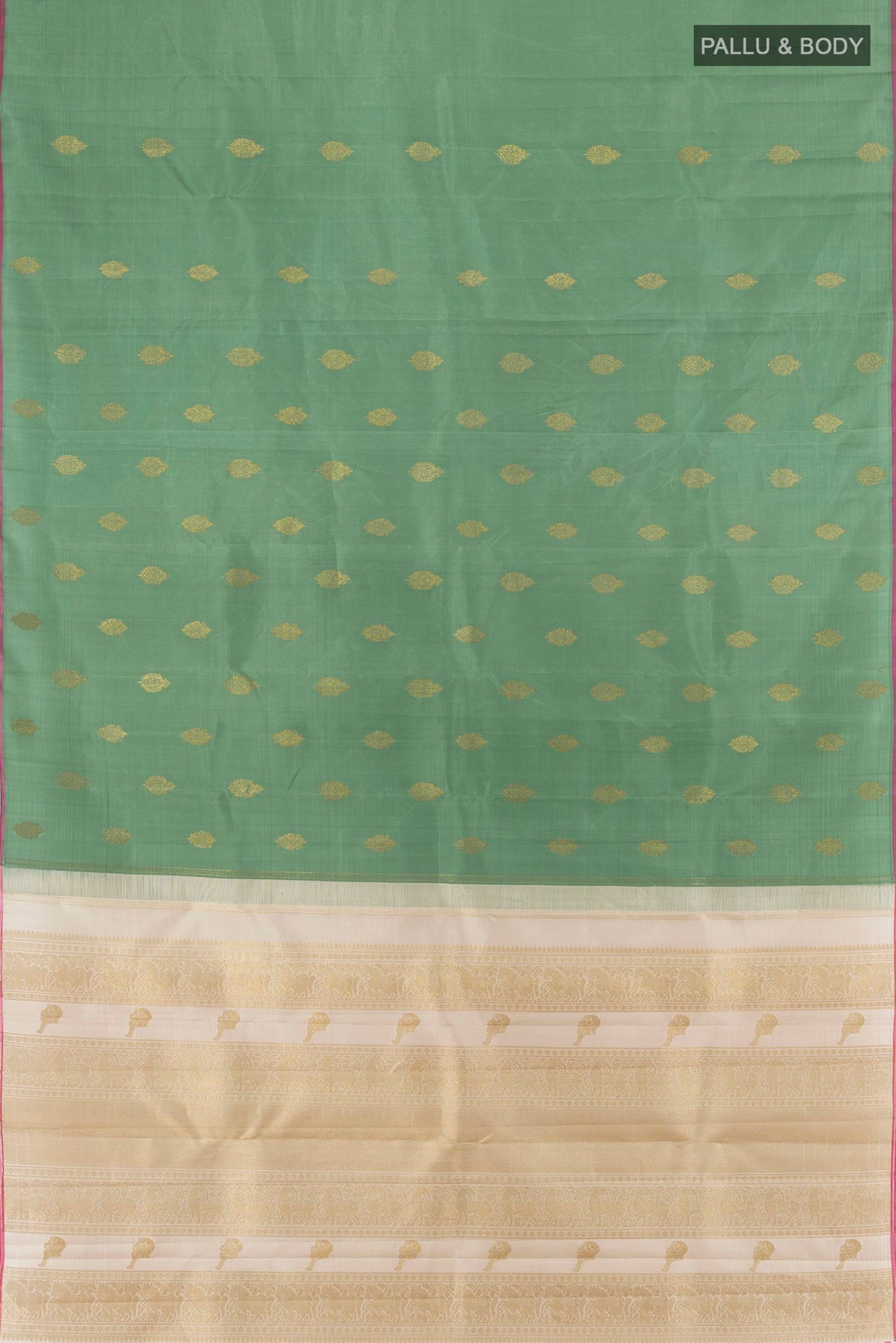 Flat view of Pure Silk Pure Zari Olive Green Kanchipuram Saree with Zari Butta on the body and Without Border. 