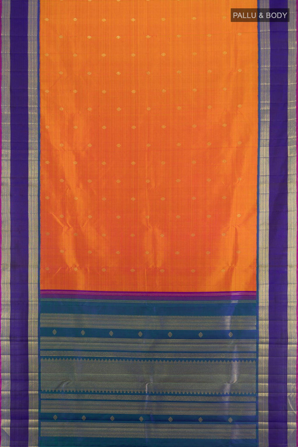 Flat view of Rust Kanjivaram Silk Saree with Zari Butta on the body and Zari Border. 
