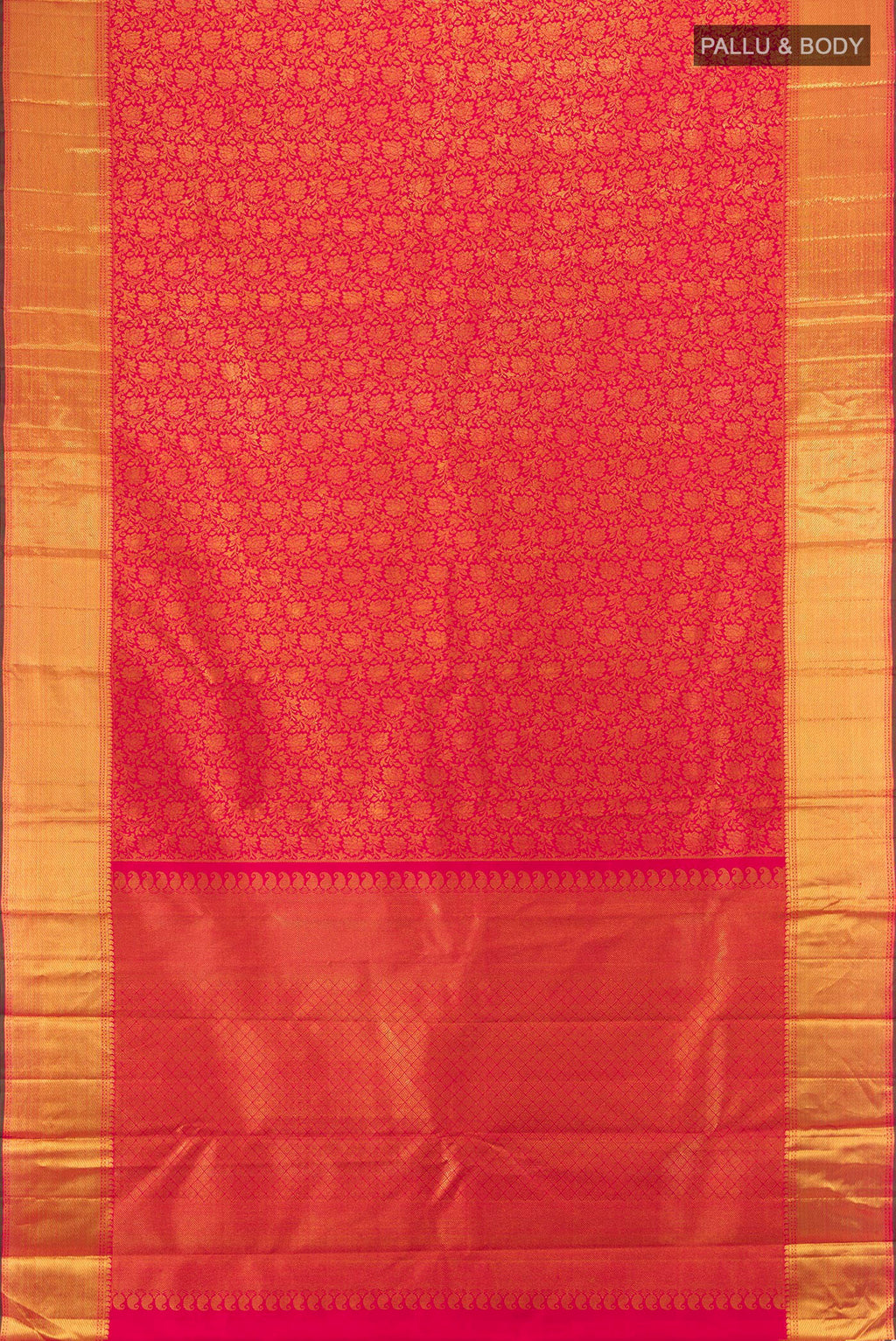 Flat view of Pure Silk Pure Zari Dark Pink Kanjivaram Saree with Zari Brocade on the body and Zari Border. 