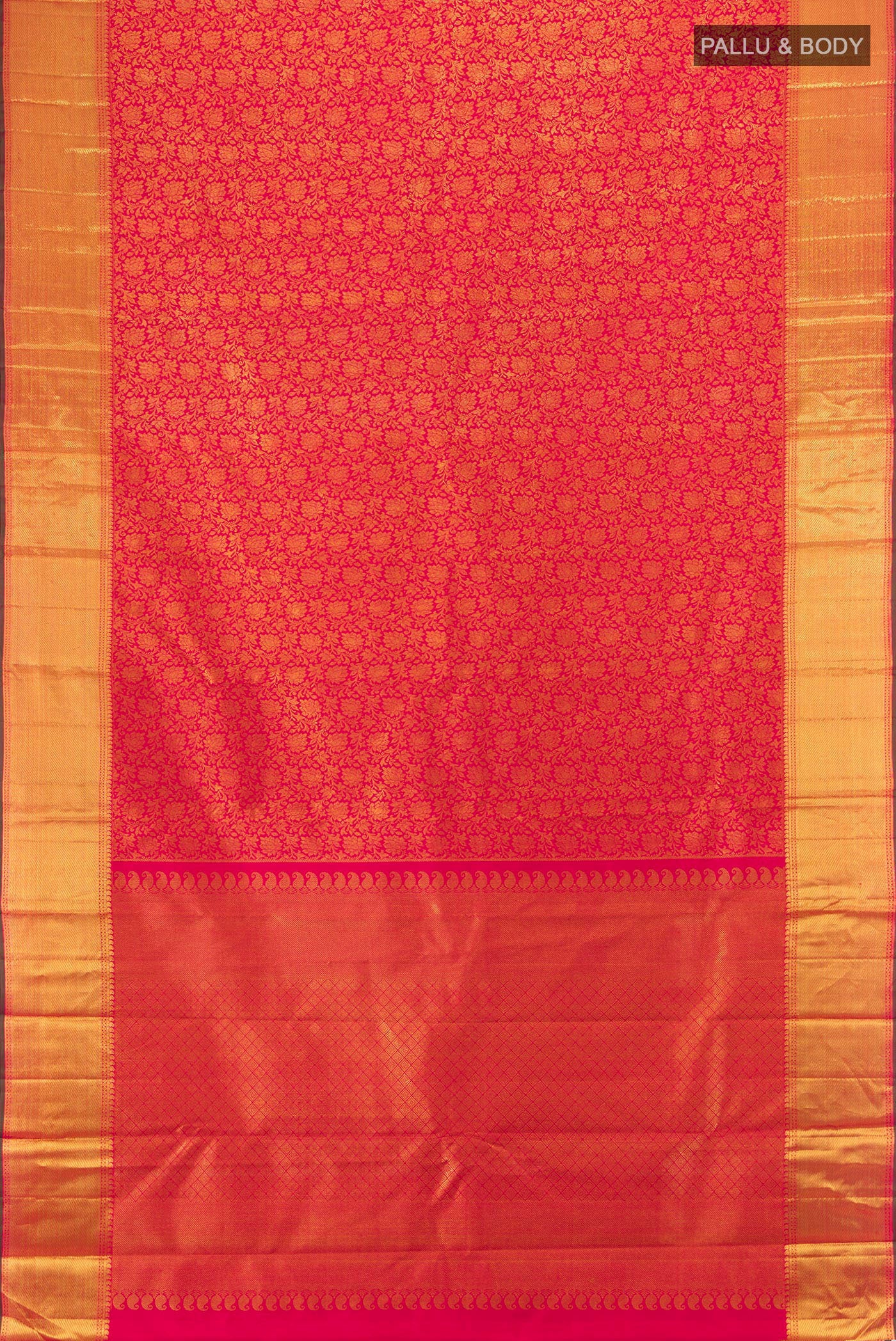 Flat view of Pure Silk Pure Zari Dark Pink Kanjivaram Saree with Zari Brocade on the body and Zari Border. 