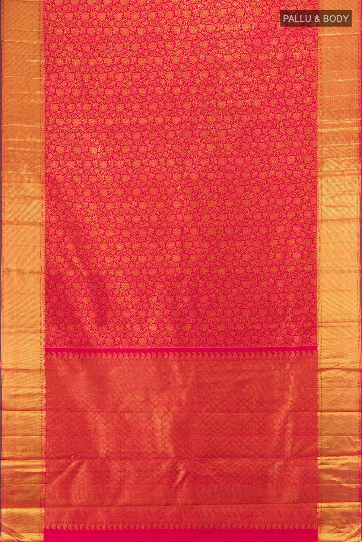 Flat view of Pure Silk Pure Zari Dark Pink Kanjivaram Saree with Zari Brocade on the body and Zari Border. 