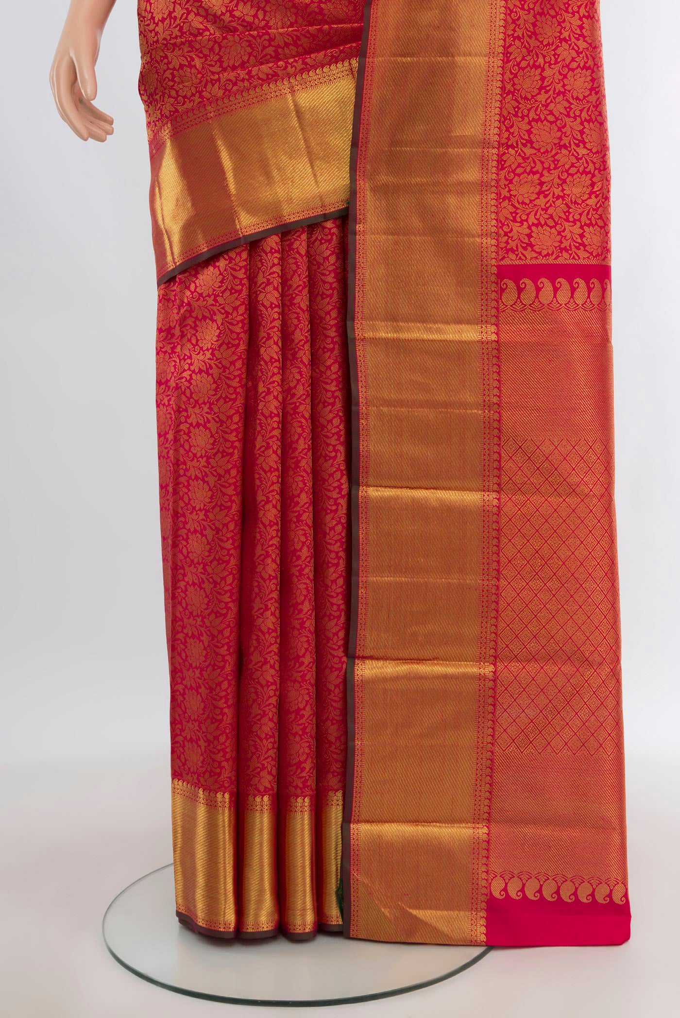 Pleats and pallu of Pure Silk Pure Zari Dark Pink Kanjivaram Saree with Zari Brocade on the body and Zari Border. 