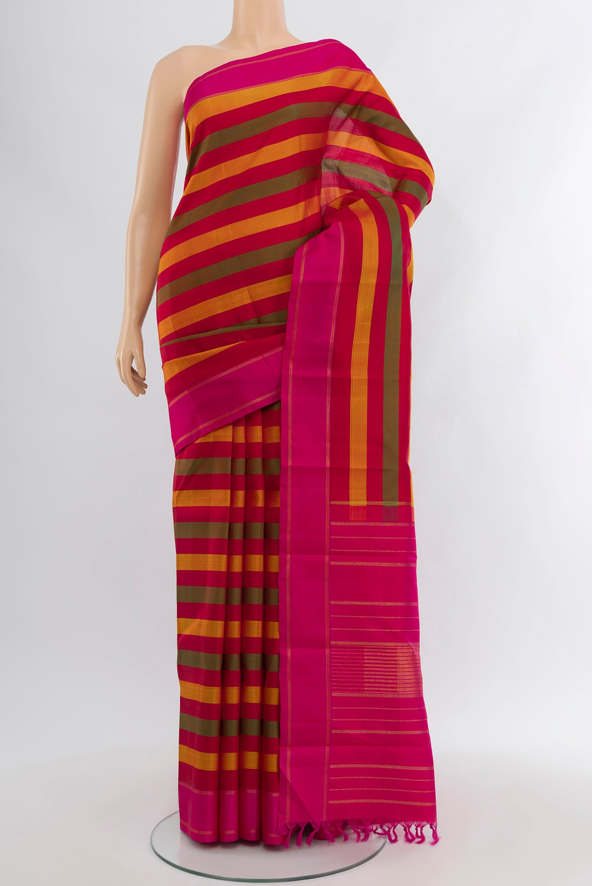 Pure Silk Pure Zari Multi Color Kanjivaram Saree with Stripes on the body and Plain Border.  displayed on a mannequin