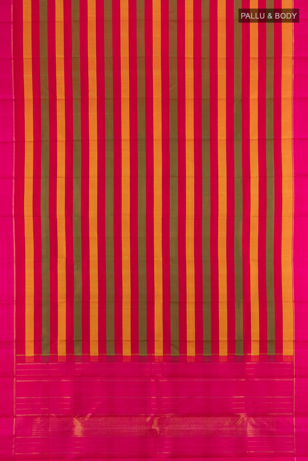 Flat view of Pure Silk Pure Zari Multi Color Kanjivaram Saree with Stripes on the body and Plain Border. 