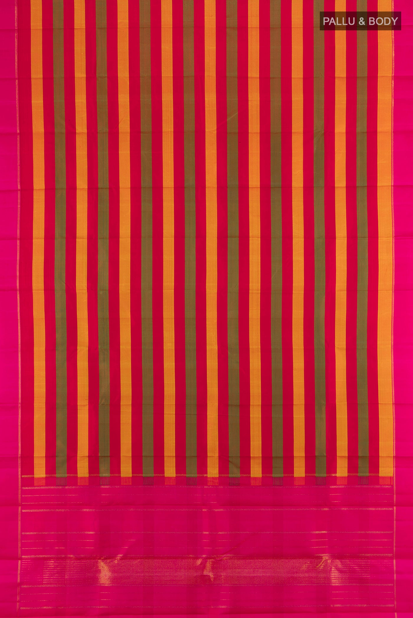Flat view of Pure Silk Pure Zari Multi Color Kanjivaram Saree with Stripes on the body and Plain Border. 