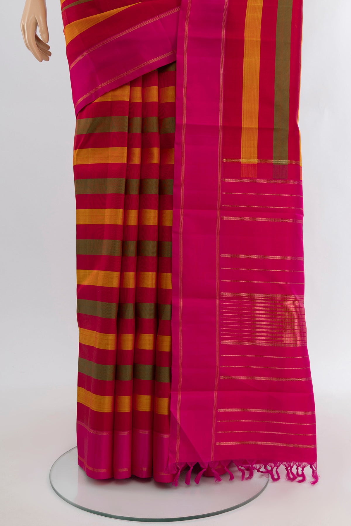 Pleats and pallu of Pure Silk Pure Zari Multi Color Kanjivaram Saree with Stripes on the body and Plain Border. 