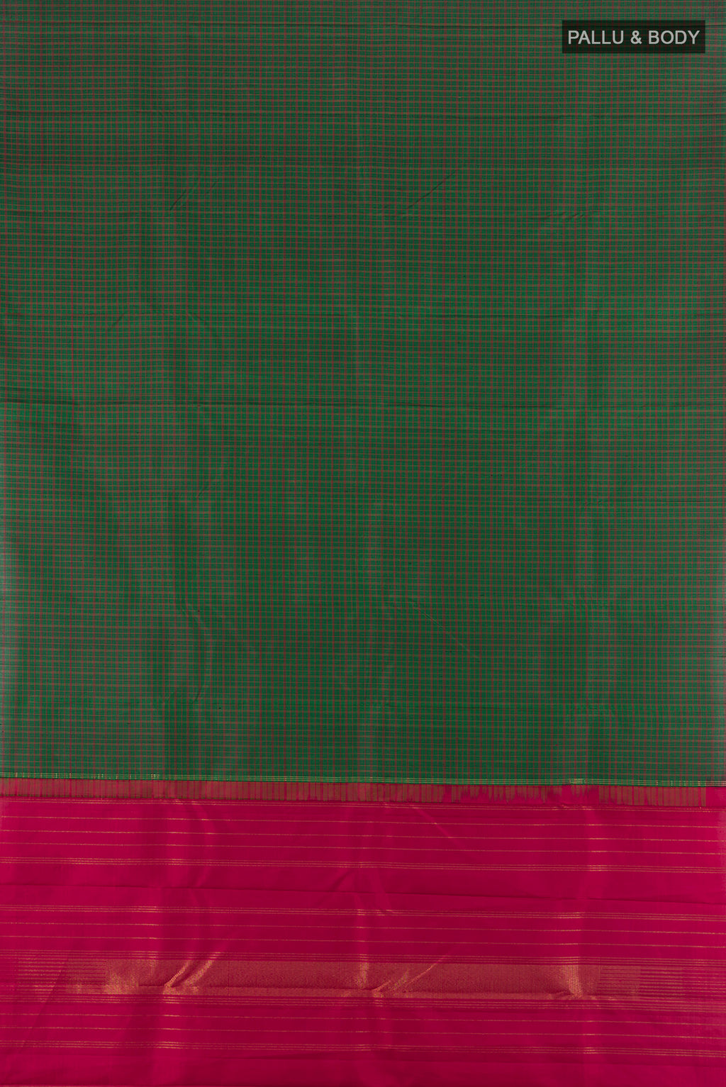 Flat view of Pure Silk Pure Zari Bottle Green Kanjivaram Saree with Checked design on the body and Plain Border. 