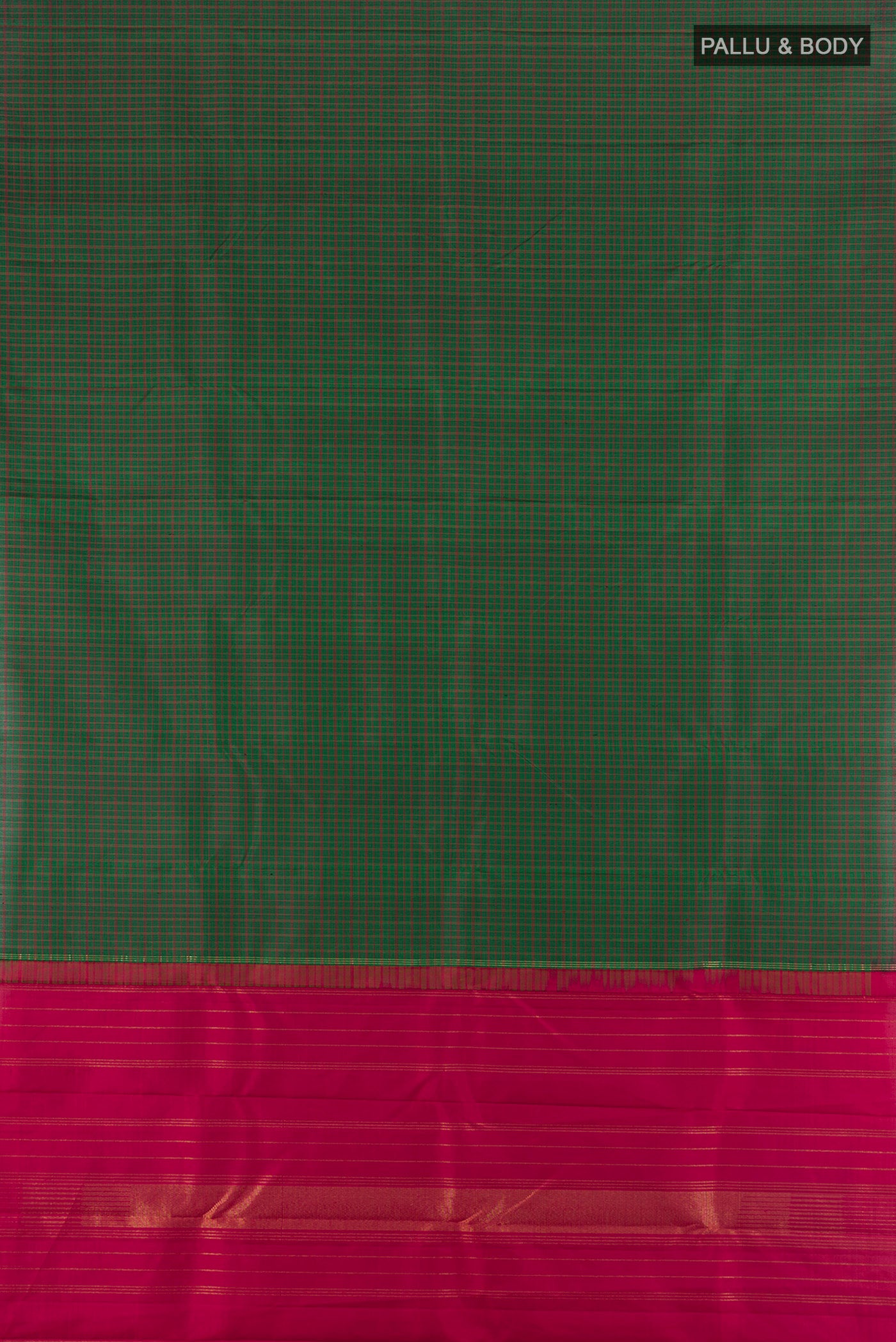 Flat view of Pure Silk Pure Zari Bottle Green Kanjivaram Saree with Checked design on the body and Plain Border. 
